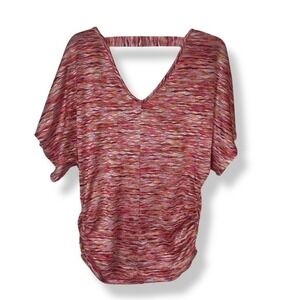 Y2K Womens Top Size Large Dolman‎ Sleeve Pink Orange Textured Ruched Retro Party